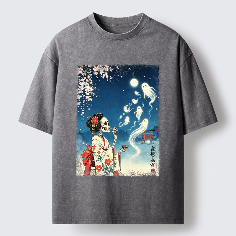 Tokyo-Tiger Moon Skeleton Ghost Washed T-Shirt