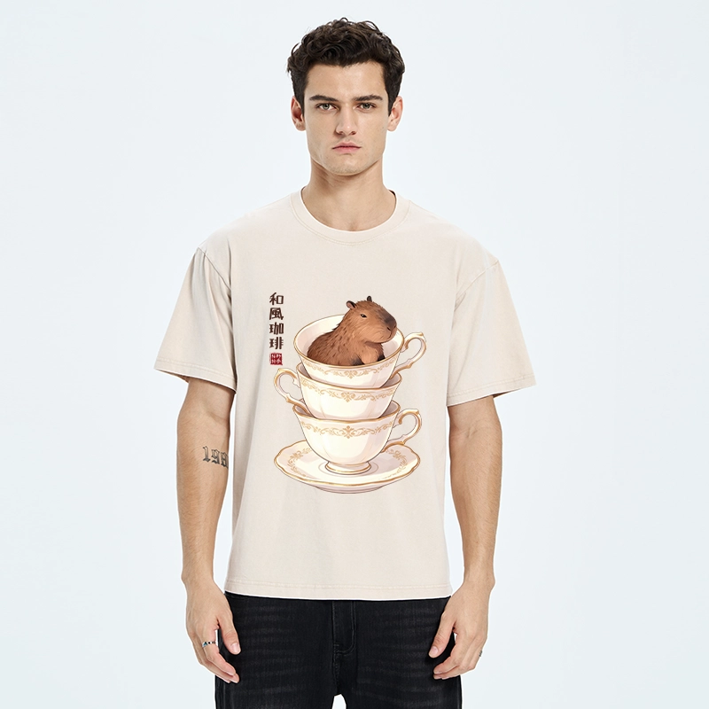 Tokyo-Tiger Japanese Coffee Capybara In A Teacup Washed T-Shirt