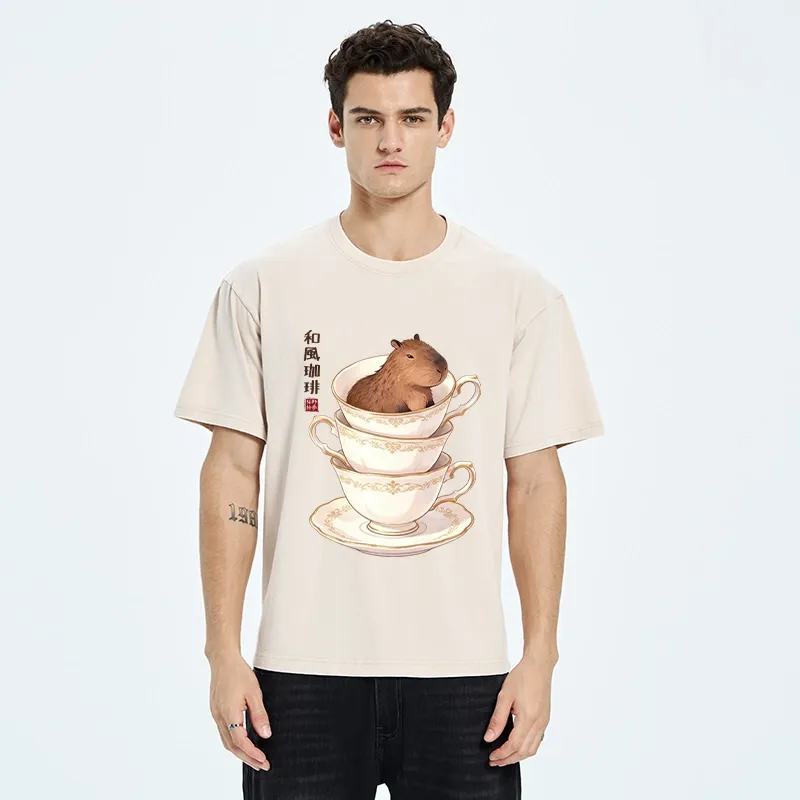Tokyo-Tiger Japanese Coffee Capybara In A Teacup Washed T-Shirt