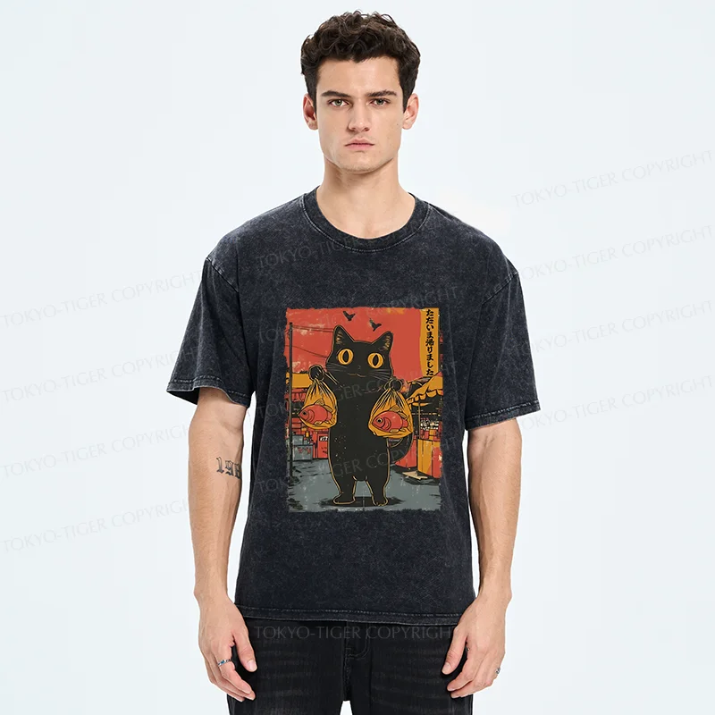 Tokyo-Tiger Cat Fishing Washed T-Shirt