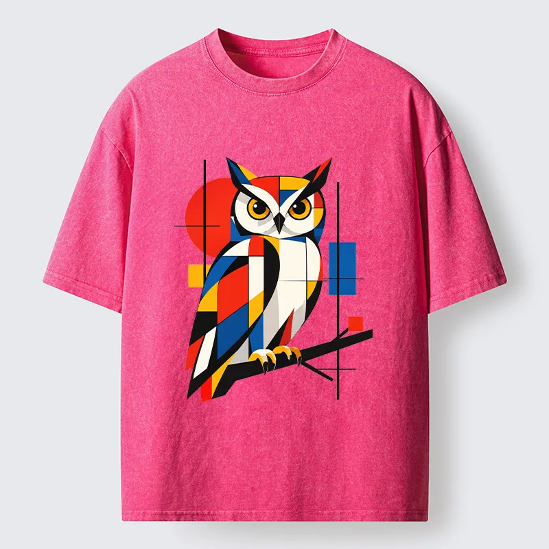 Tokyo-Tiger Geometric Owl Art Meme Washed T-Shirt