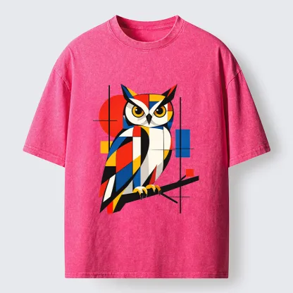 Tokyo-Tiger Geometric Owl Art Meme Washed T-Shirt
