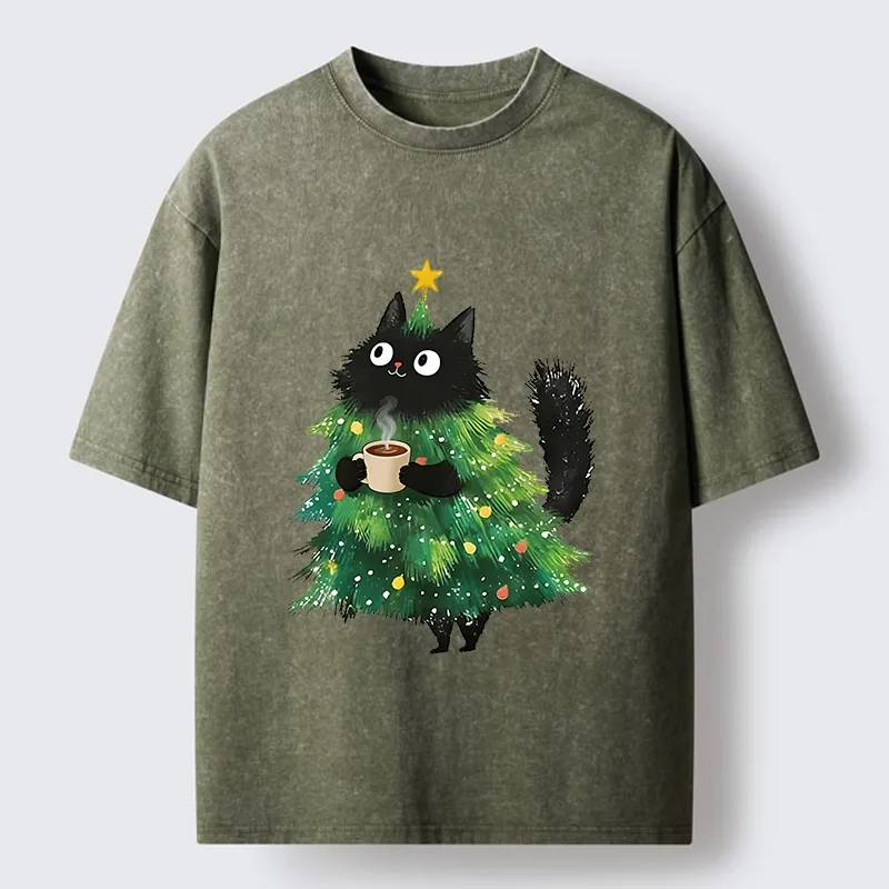Tokyo‑Tiger Coffee Christmas Cat Washed T‑Shirt