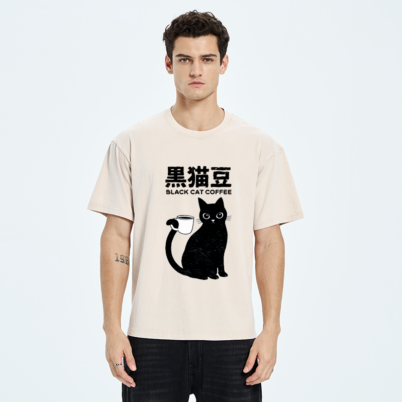 Tokyo-Tiger Black Cat And Coffee Washed T-Shirt