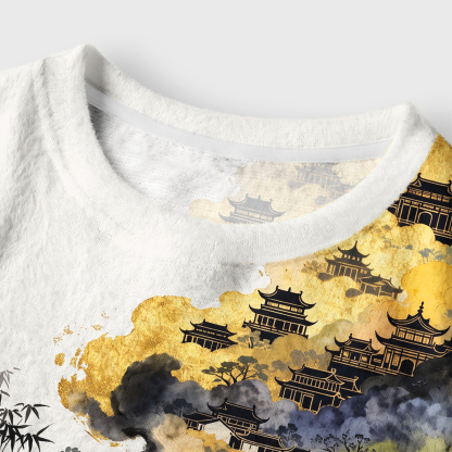 Tokyo-Tiger Gold Foil Mountain Deer Art Women's Fuzzy Cropped Sweatshirt