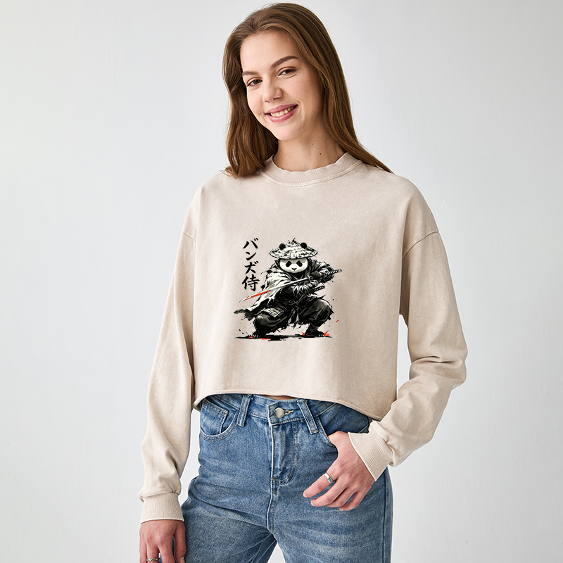 Tokyo-Tiger Panda Samurai Warrior Washed Crop Sweatshirt