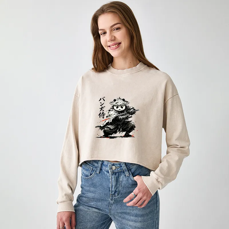 Tokyo-Tiger Panda Samurai Warrior Washed Crop Sweatshirt