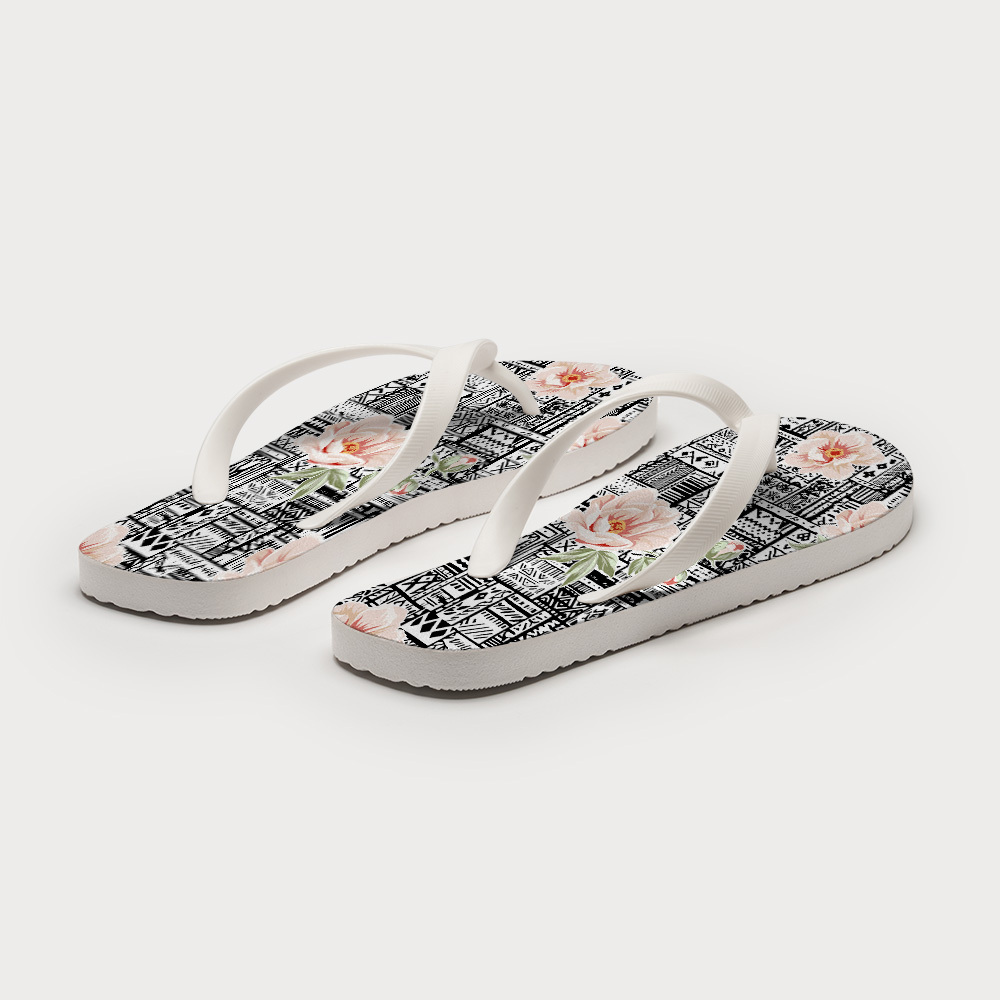 Tokyo-Tiger Flowers In Line Art Flip Flops