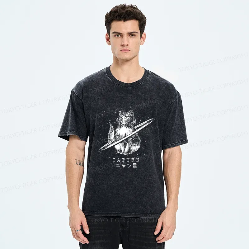 Tokyo-Tiger Funny Cat Star Washed T-Shirt