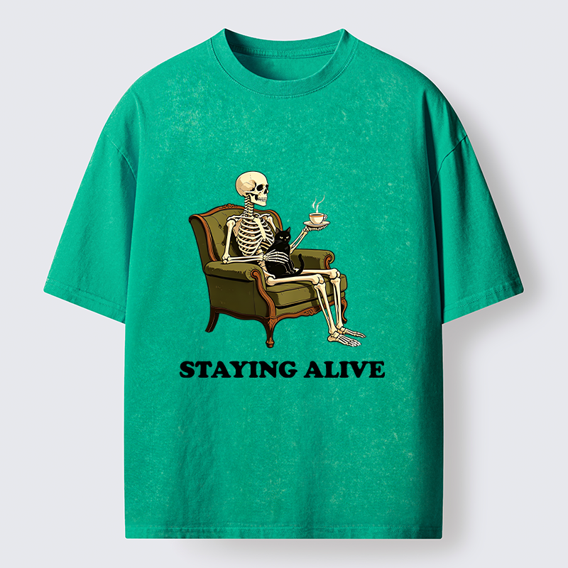 Tokyo‑Tiger Skeleton Coffee Cat Washed T‑Shirt
