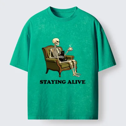 Tokyo‑Tiger Skeleton Coffee Cat Washed T‑Shirt