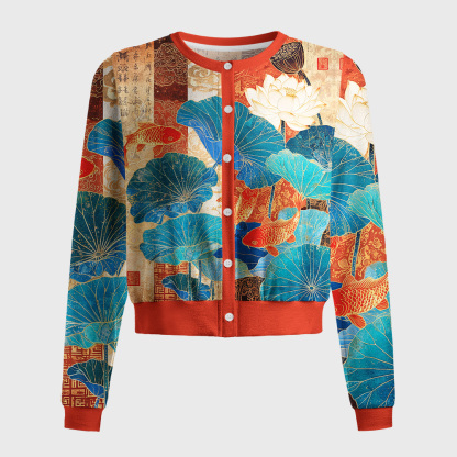Tokyo-Tiger Koi Among Brocade Lotus Women's Lightweight Cardigan