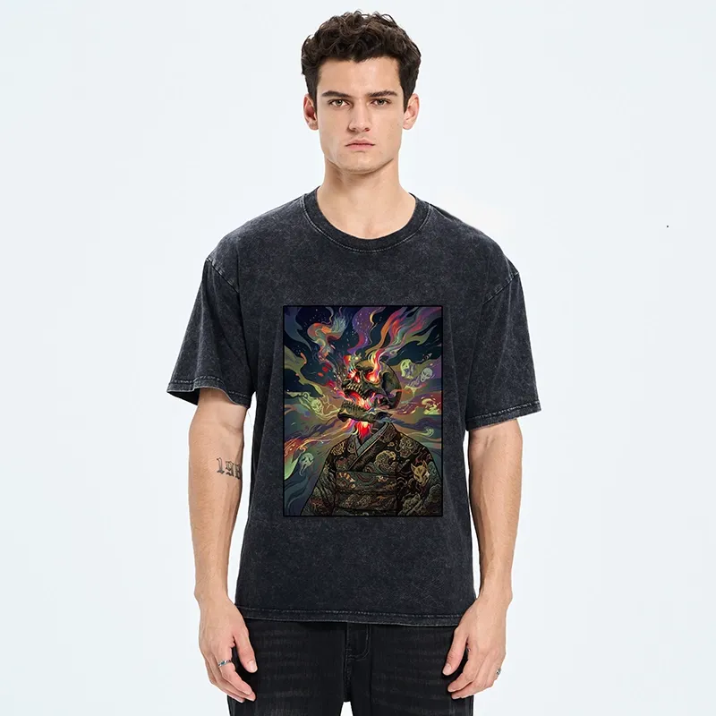 Tokyo-Tiger Colorful Flame Spirits Around Dead Head Washed T-Shirt