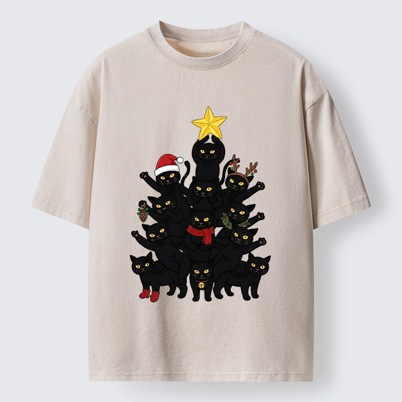 Tokyo-Tiger Stacked Black Cat Christmas Tree Washed T-Shirt