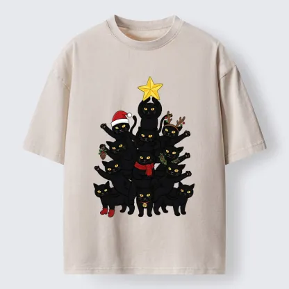 Tokyo-Tiger Stacked Black Cat Christmas Tree Washed T-Shirt