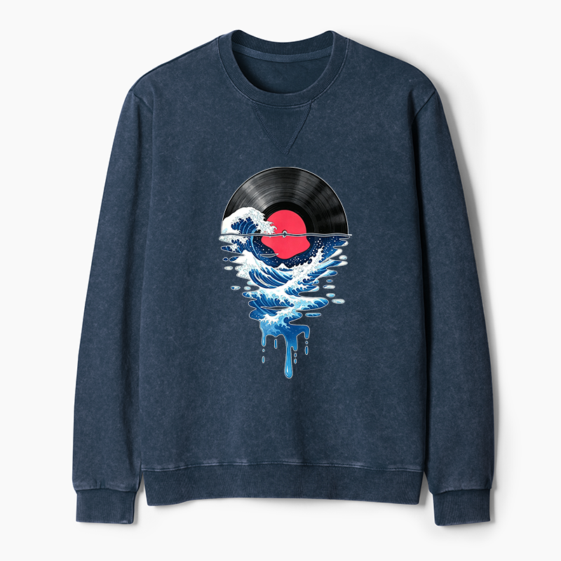 Tokyo-Tiger Vinyl Records And Waves Washed Terry Sweatshirt