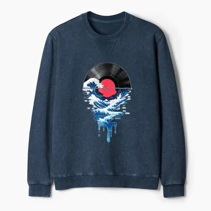 Tokyo-Tiger Vinyl Records And Waves Washed Terry Sweatshirt