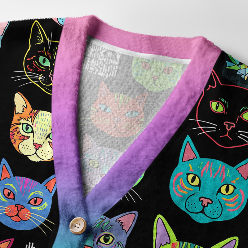 Tokyo-Tiger Colorful Pop Art Cat Faces Ugly Cardigan Sweater