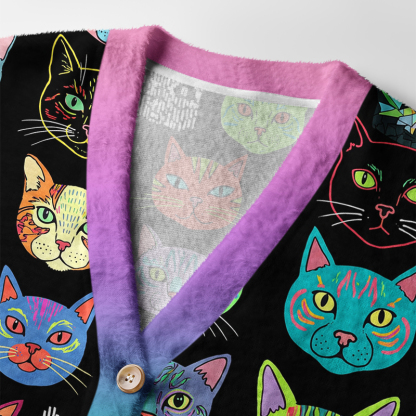 Tokyo-Tiger Colorful Pop Art Cat Faces Ugly Cardigan Sweater