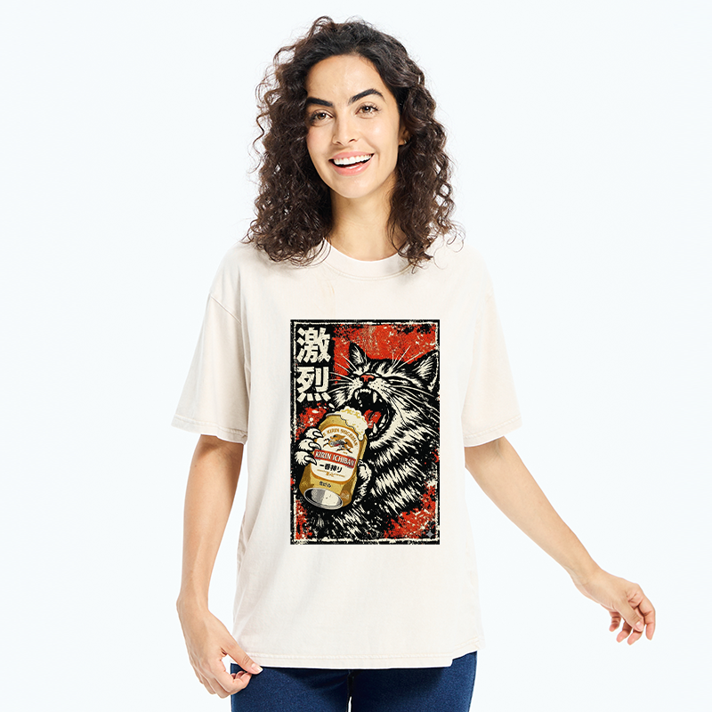 Tokyo-Tiger Cat Drinking Beer Washed T-Shirt