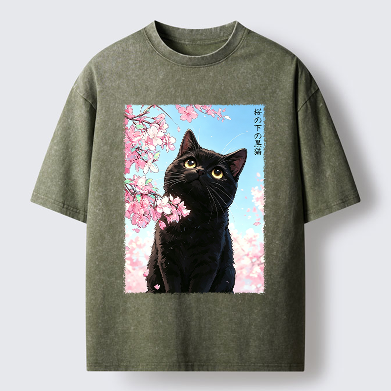 Tokyo-Tiger Japanese Sakura Black Cat Washed T-Shirt