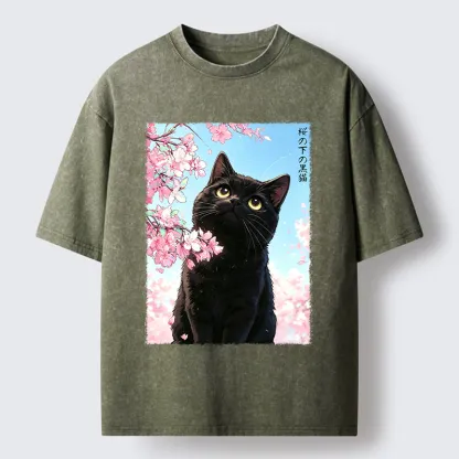 Tokyo-Tiger Japanese Sakura Black Cat Washed T-Shirt