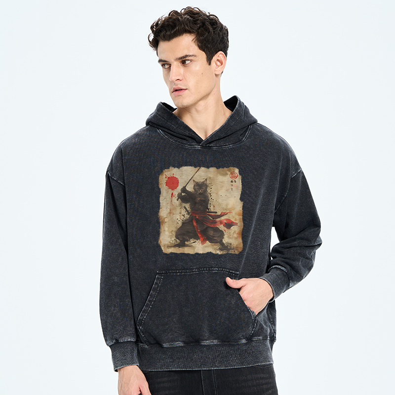 Tokyo-Tiger Retro Japanese Samurai Cat Washed Hoodie