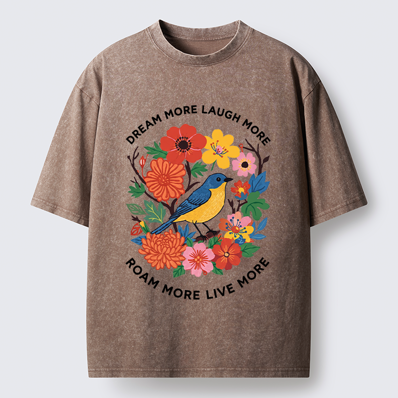 Tokyo-Tiger Vintage Bird Floral Quote Washed T-Shirt