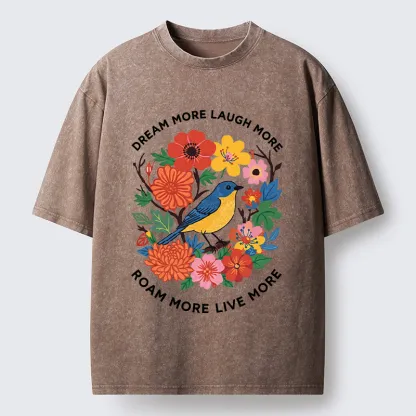 Tokyo-Tiger Vintage Bird Floral Quote Washed T-Shirt