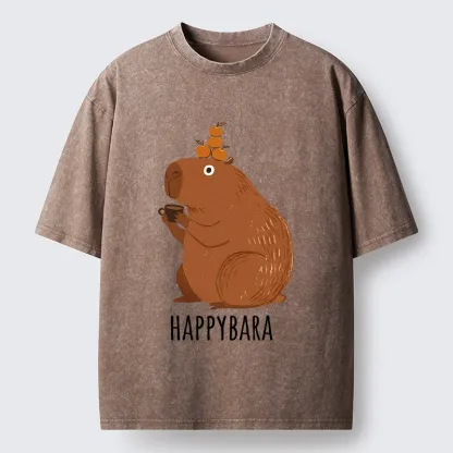 Tokyo-Tiger Cute Capybara Drinking Coffee Washed T-Shirt