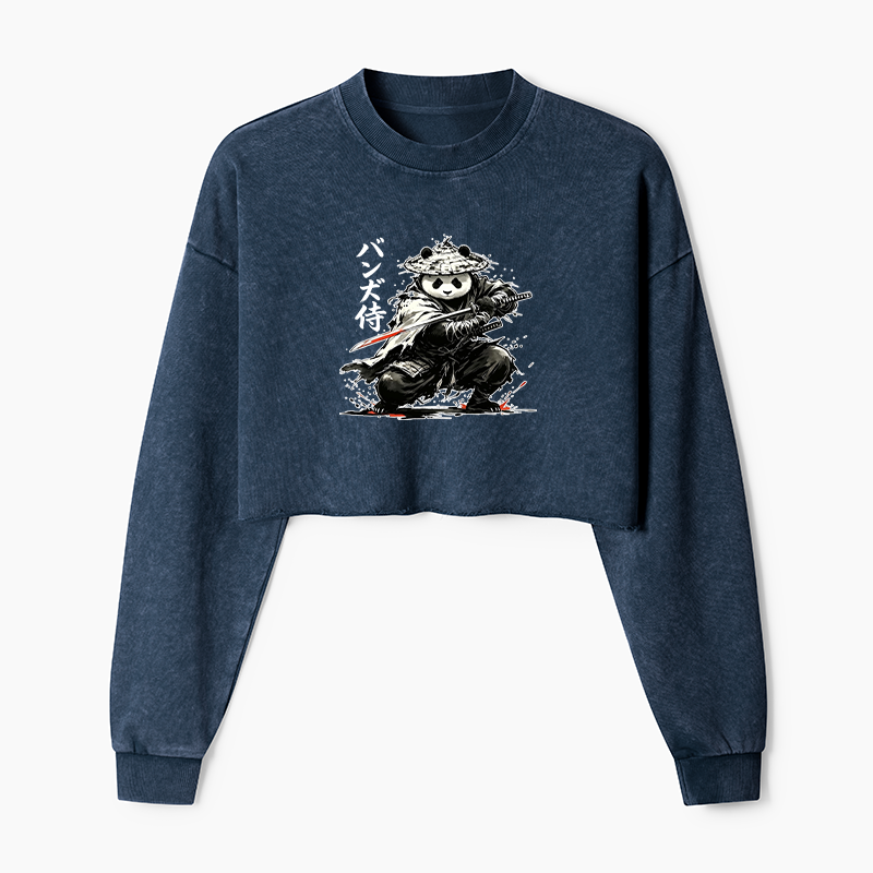 Tokyo-Tiger Panda Samurai Warrior Washed Crop Sweatshirt