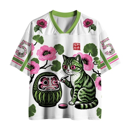 Tokyo-Tiger Lucky Daruma Painting Tabby Cat Cherry Blossom Mesh Jersey