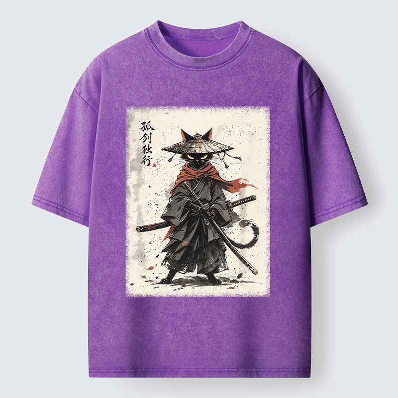 Tokyo-Tiger Lone Samurai Cat Ink Art Washed T-Shirt