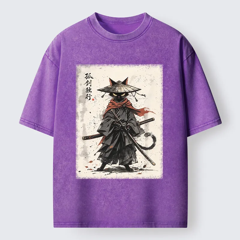 Tokyo-Tiger Lone Samurai Cat Ink Art Washed T-Shirt