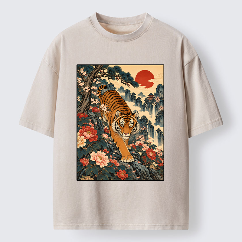 Tokyo-Tiger Vintage Ukiyo Wild Tiger Floral Graphic Washed T-Shirt