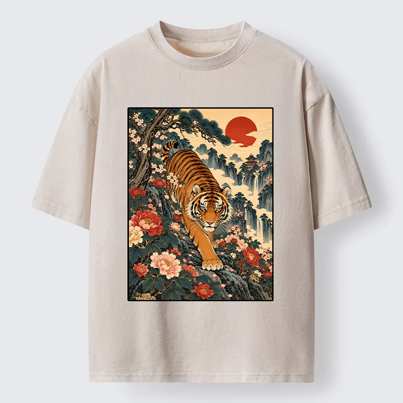 Tokyo-Tiger Vintage Ukiyo Wild Tiger Floral Graphic Washed T-Shirt