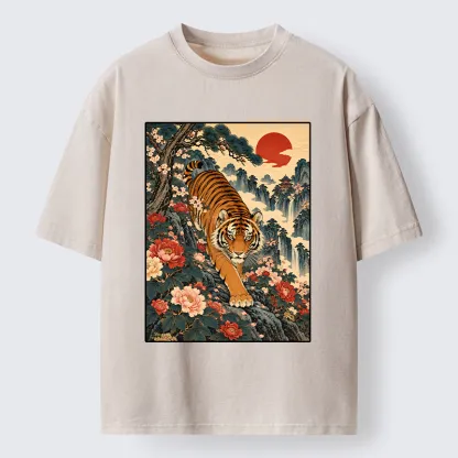Tokyo-Tiger Vintage Ukiyo Wild Tiger Floral Graphic Washed T-Shirt