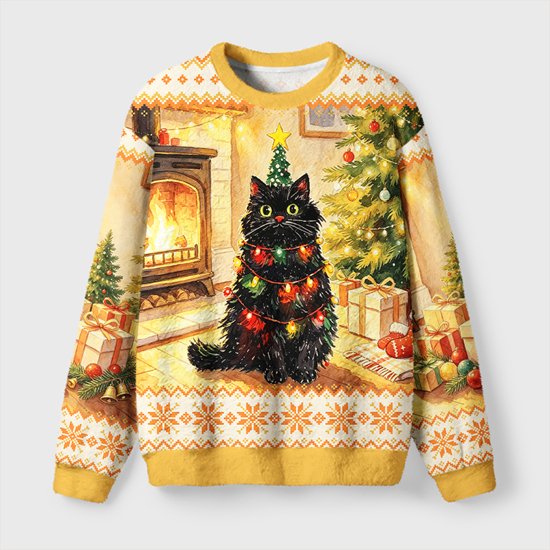 Tokyo-Tiger Christmas Cat Lights Fuzzy Christmas Ugly Sweatshirt