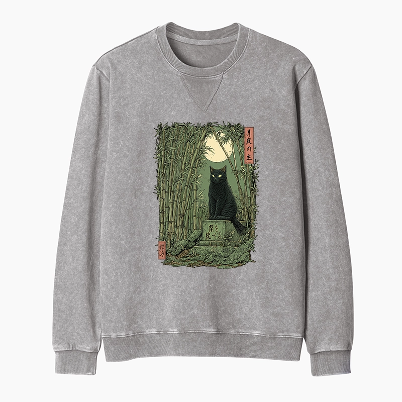Tokyo-Tiger Black Cat In The Bamboo Forest Washed Terry Sweatshirt