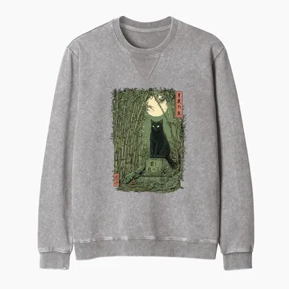 Tokyo-Tiger Black Cat In The Bamboo Forest Washed Terry Sweatshirt