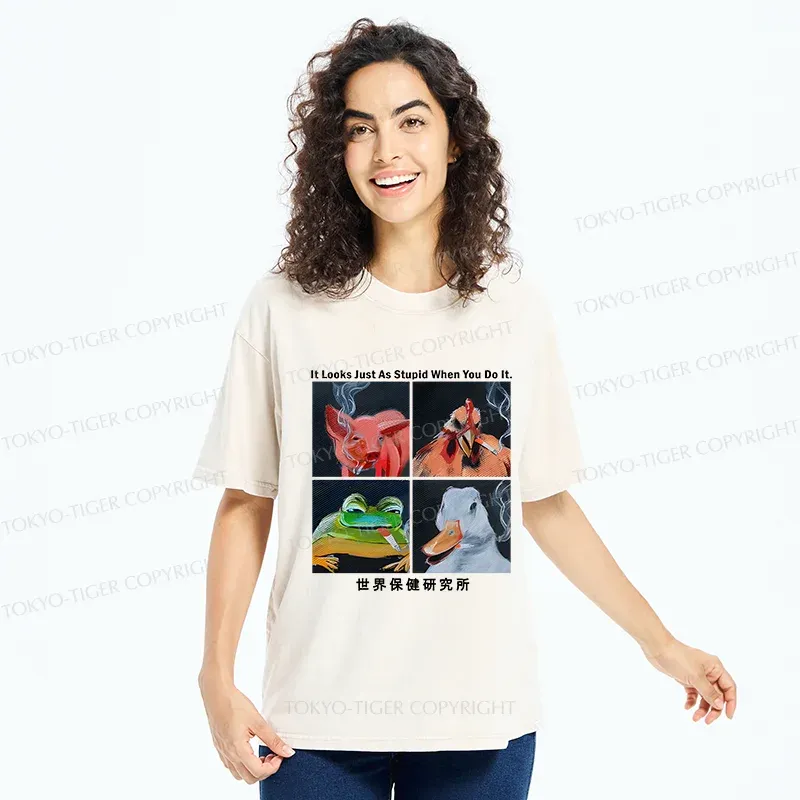 Tokyo-Tiger Smoking Animals Funny Washed T-Shirt