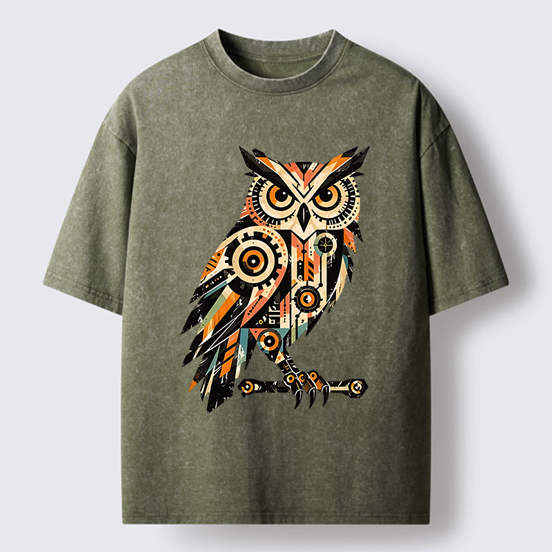 Tokyo-Tiger Mechanic Gear Art Owl Washed T-Shirt
