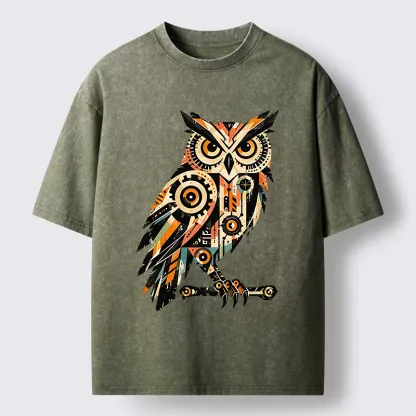 Tokyo-Tiger Mechanic Gear Art Owl Washed T-Shirt