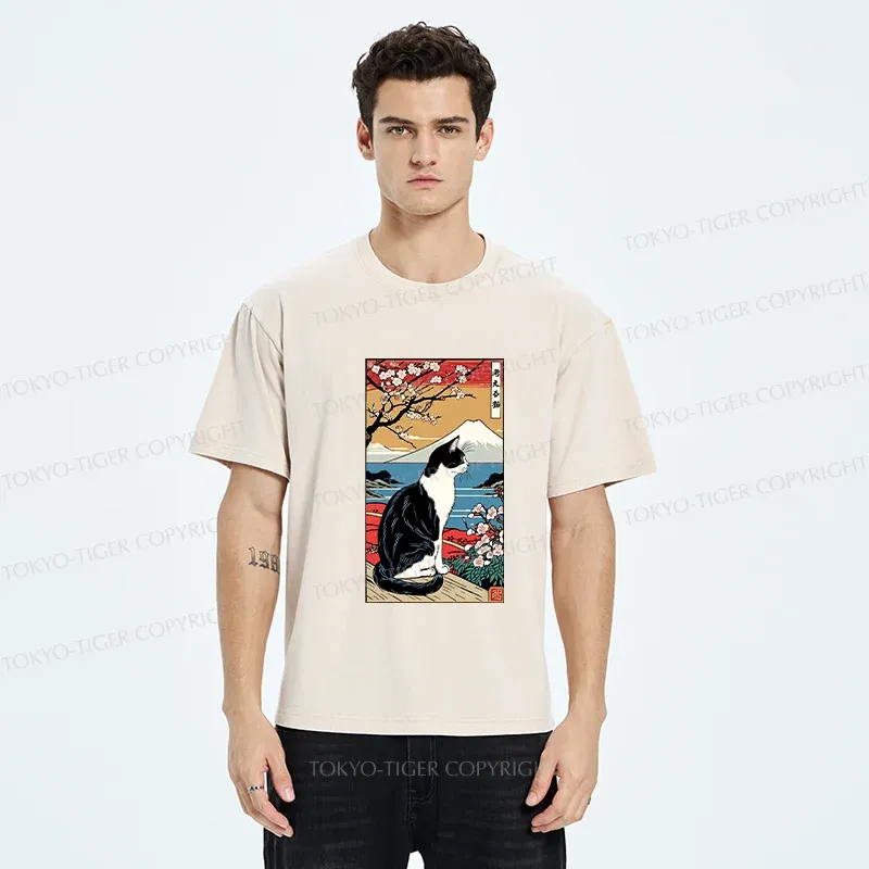 Tokyo-Tiger Thinking Cat Poster Washed T-Shirt