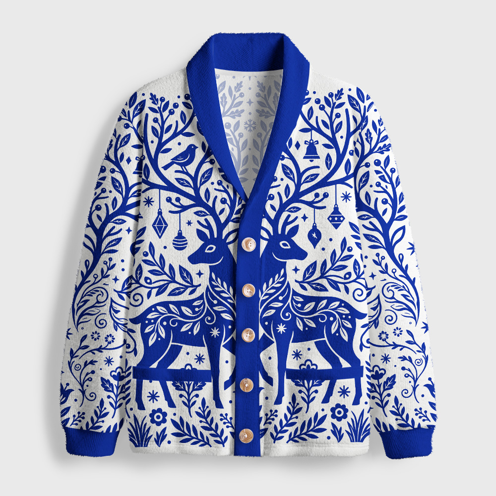 Tokyo-Tiger Blue Folk Reindeer Shawl Collar Cardigan