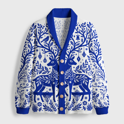Tokyo-Tiger Blue Folk Reindeer Shawl Collar Cardigan