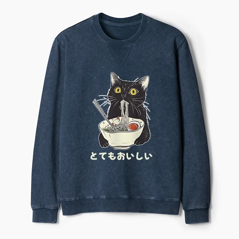 Tokyo-Tiger Cats Eat Ramen Noodles Washed Terry Sweatshirt