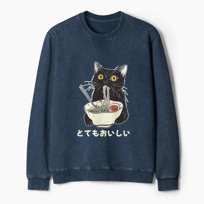 Tokyo-Tiger Cats Eat Ramen Noodles Washed Terry Sweatshirt