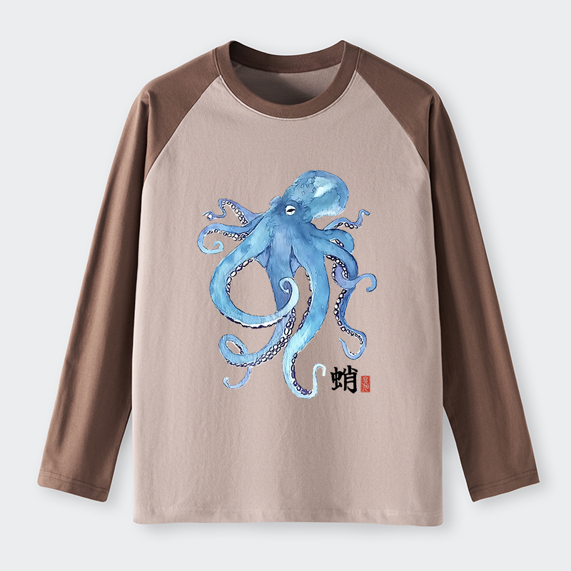 Tokyo-Tiger Watercolor Blue Octopus Raglan Long Sleeve T-shirt