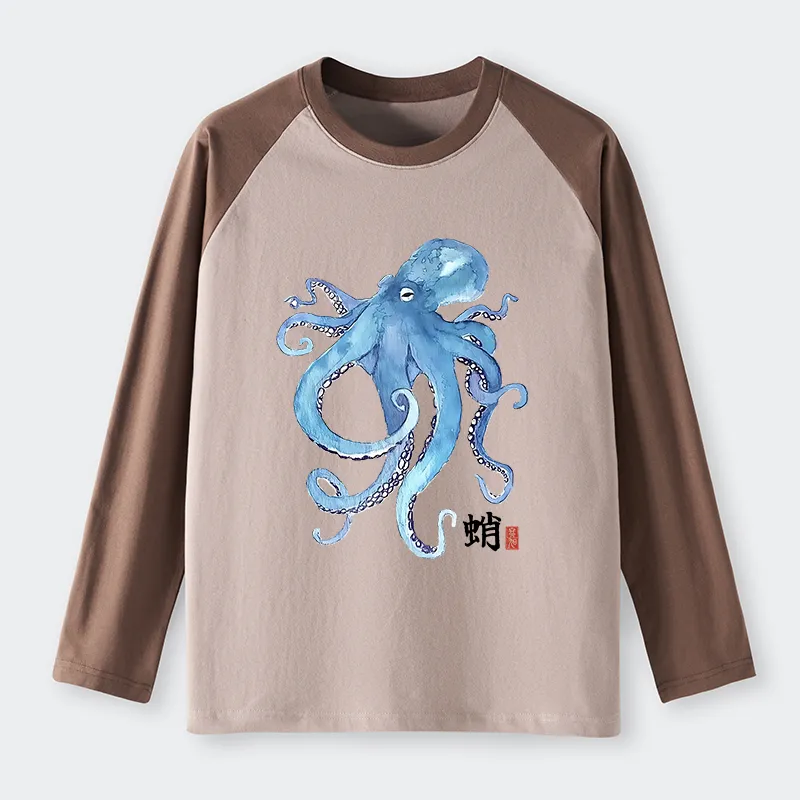 Tokyo-Tiger Watercolor Blue Octopus Raglan Long Sleeve T-shirt